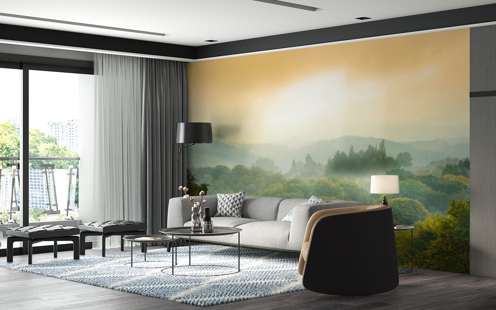 Papier peint L'aube se lève sur une forêt enfumée