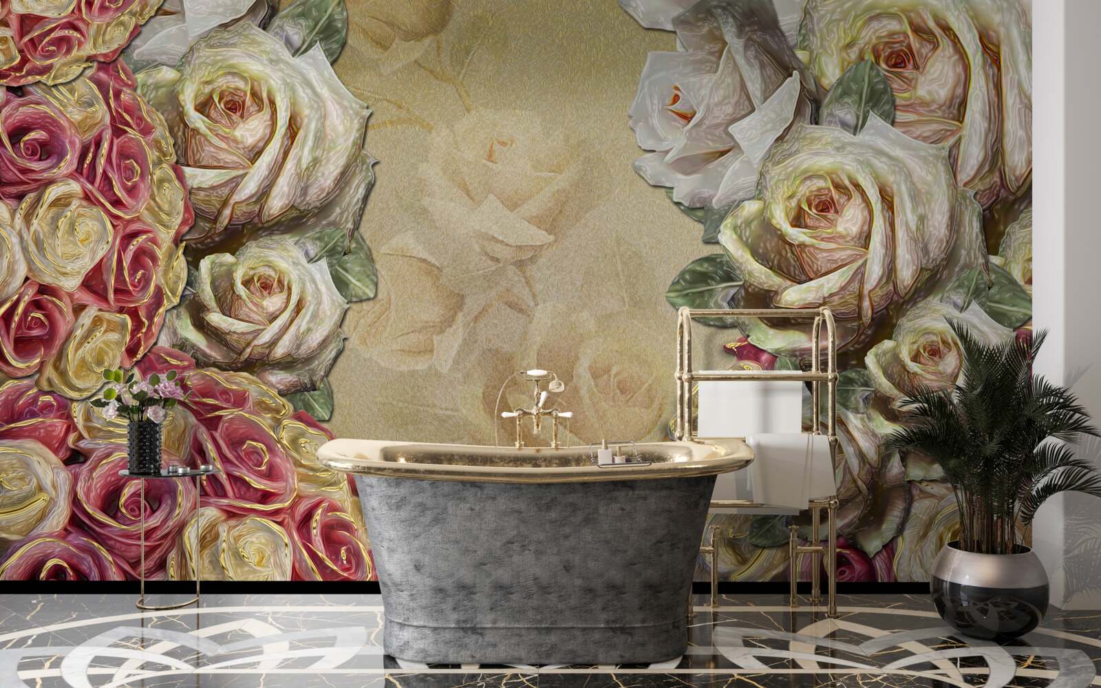 Papier peint Composition vintage combinant des roses blanches et rouges