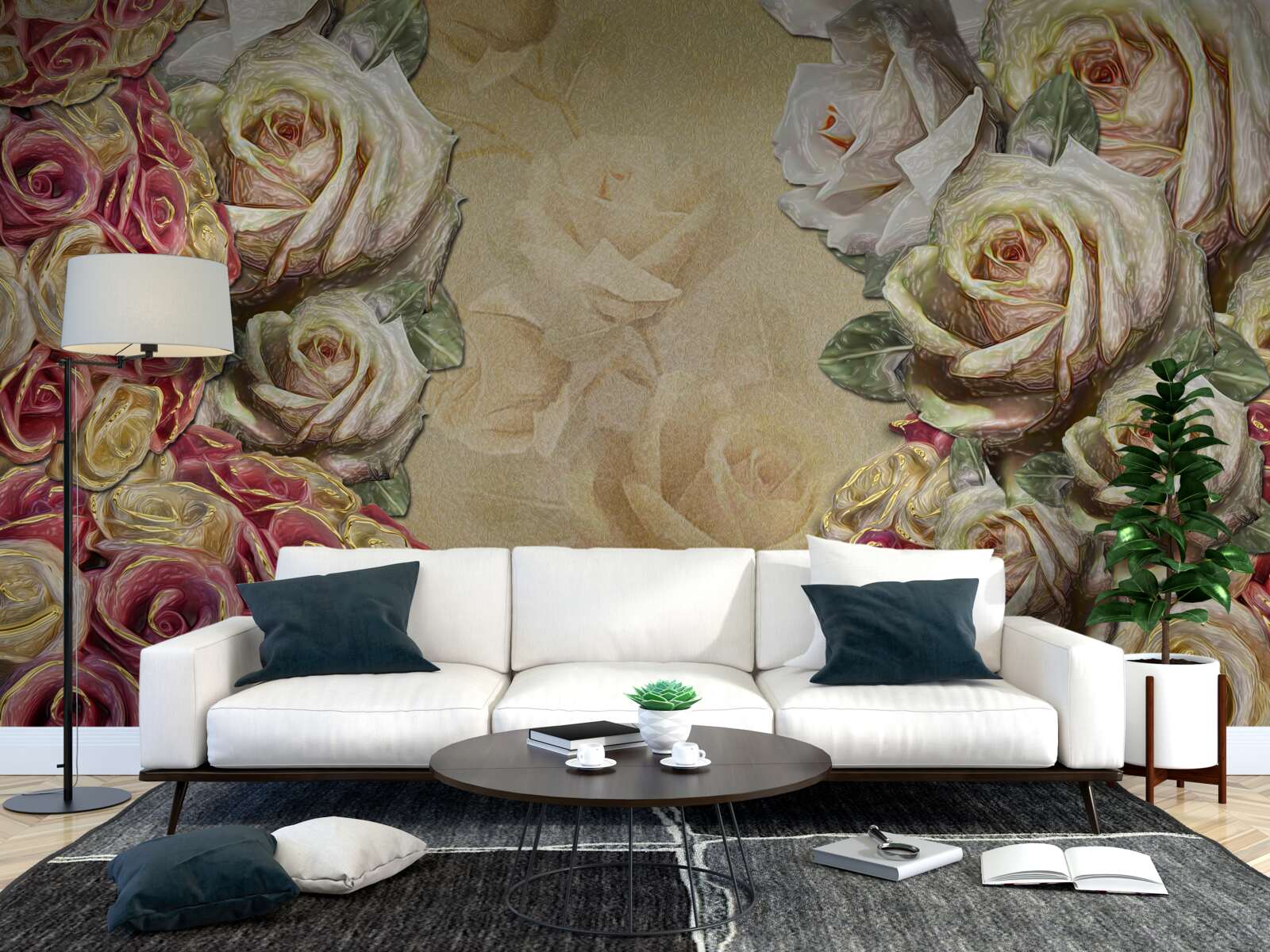 Papier peint Composition vintage combinant des roses blanches et rouges