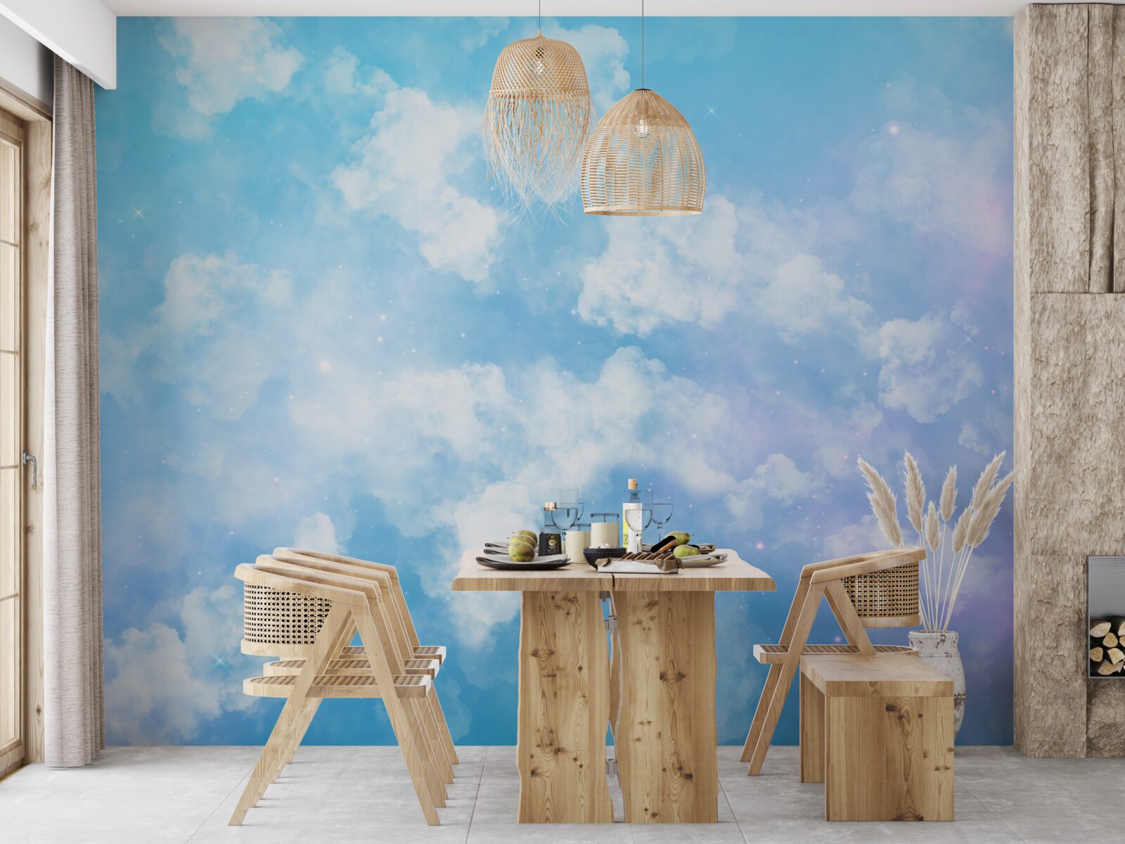 Papier peint firmament, agréable à l'œil par son éclat et ses nuages blancs comme la neige