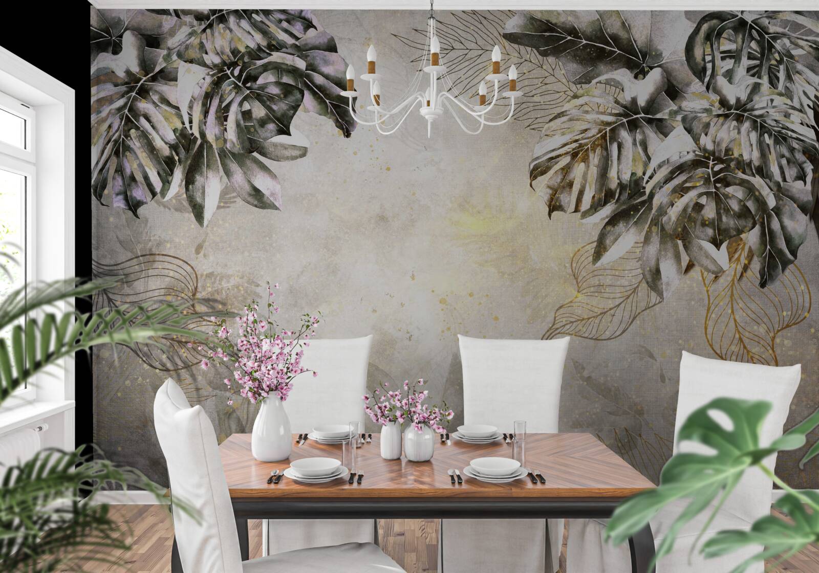 Papier peint la composition automnale comprend de grandes feuilles de monstera