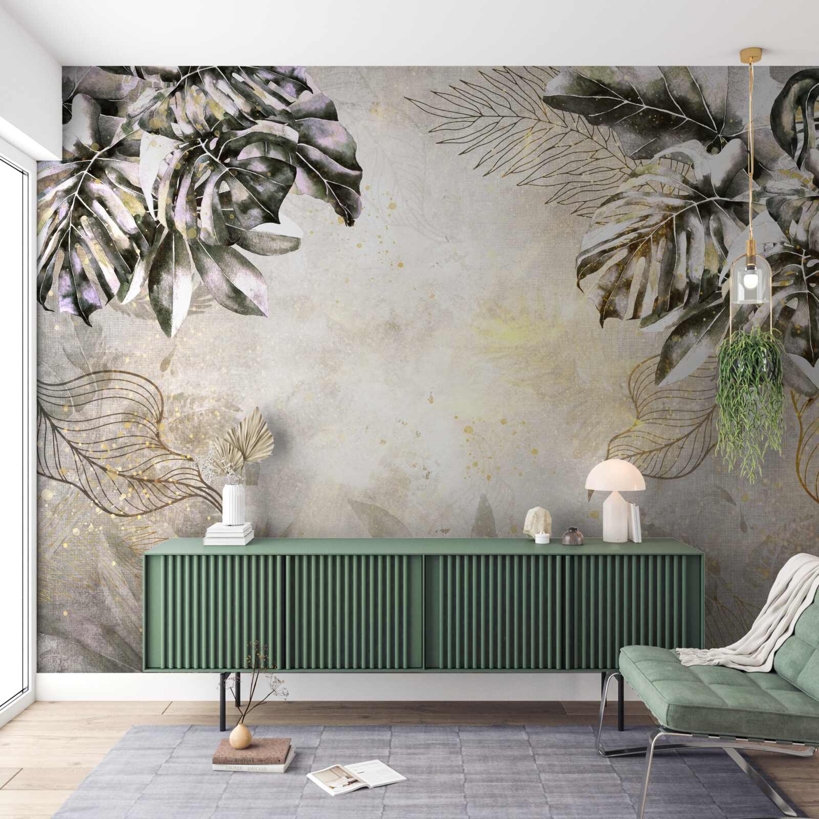 Papier peint la composition automnale comprend de grandes feuilles de monstera