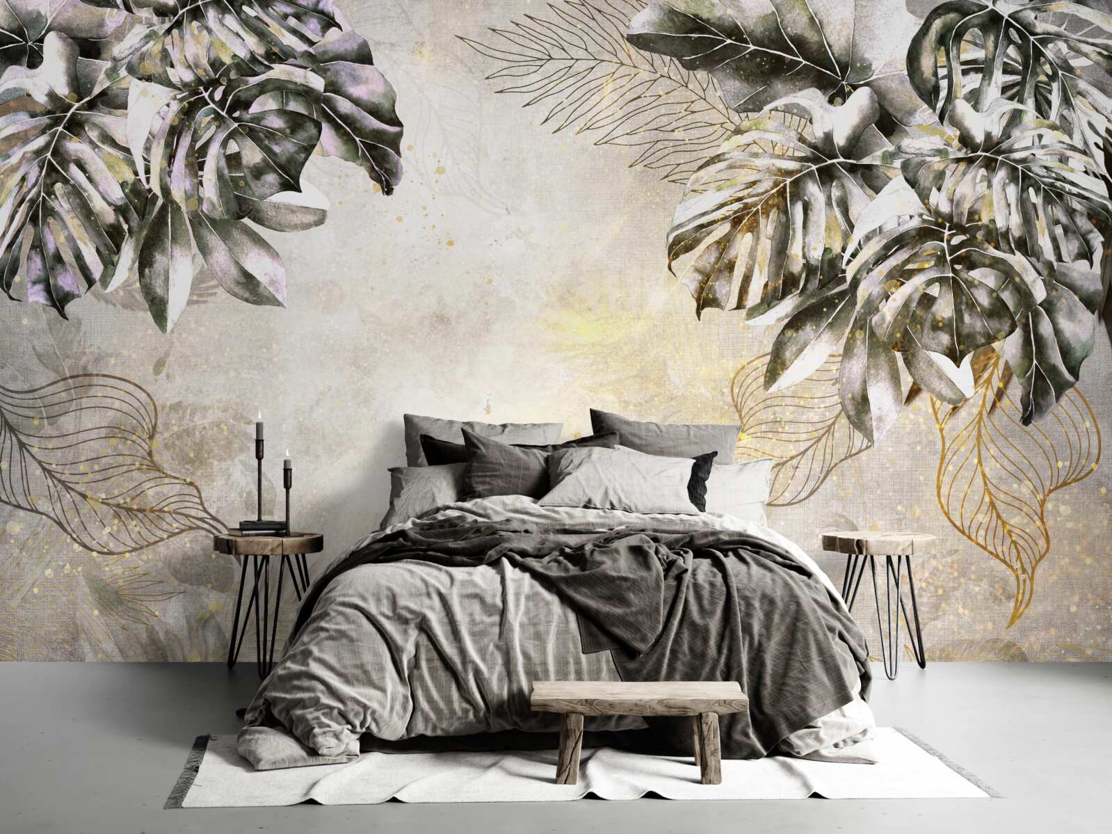 Papier peint la composition automnale comprend de grandes feuilles de monstera