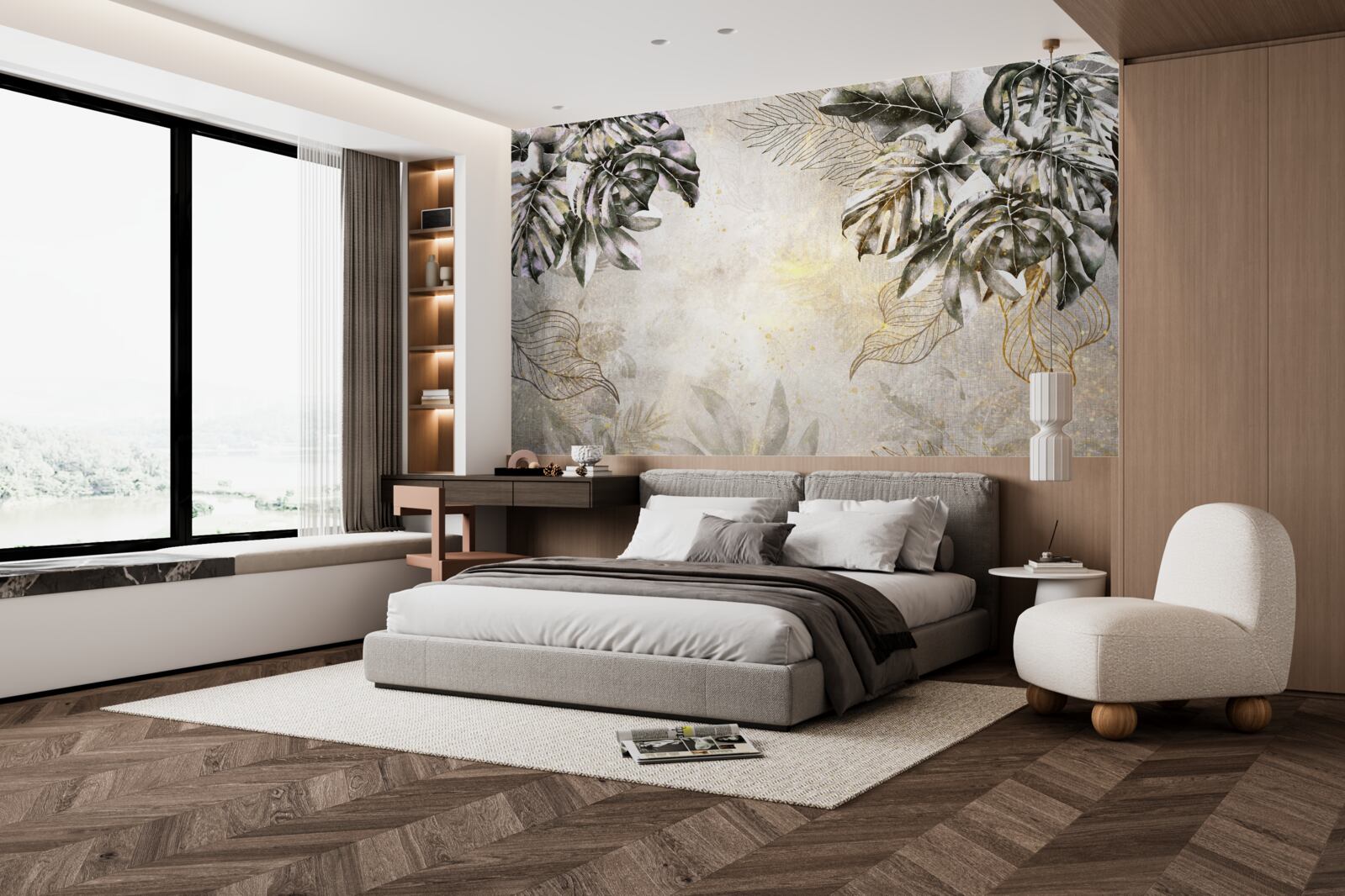 Papier peint la composition automnale comprend de grandes feuilles de monstera