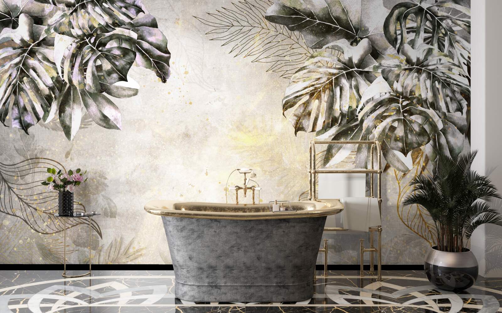 Papier peint la composition automnale comprend de grandes feuilles de monstera