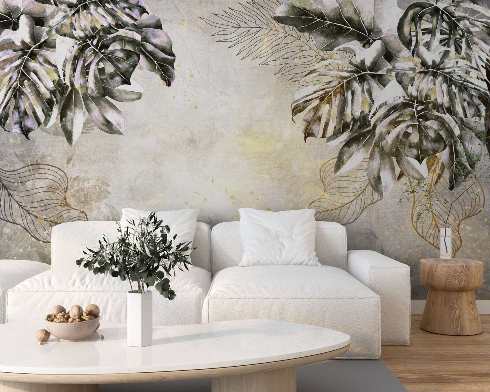 Papier peint la composition automnale comprend de grandes feuilles de monstera