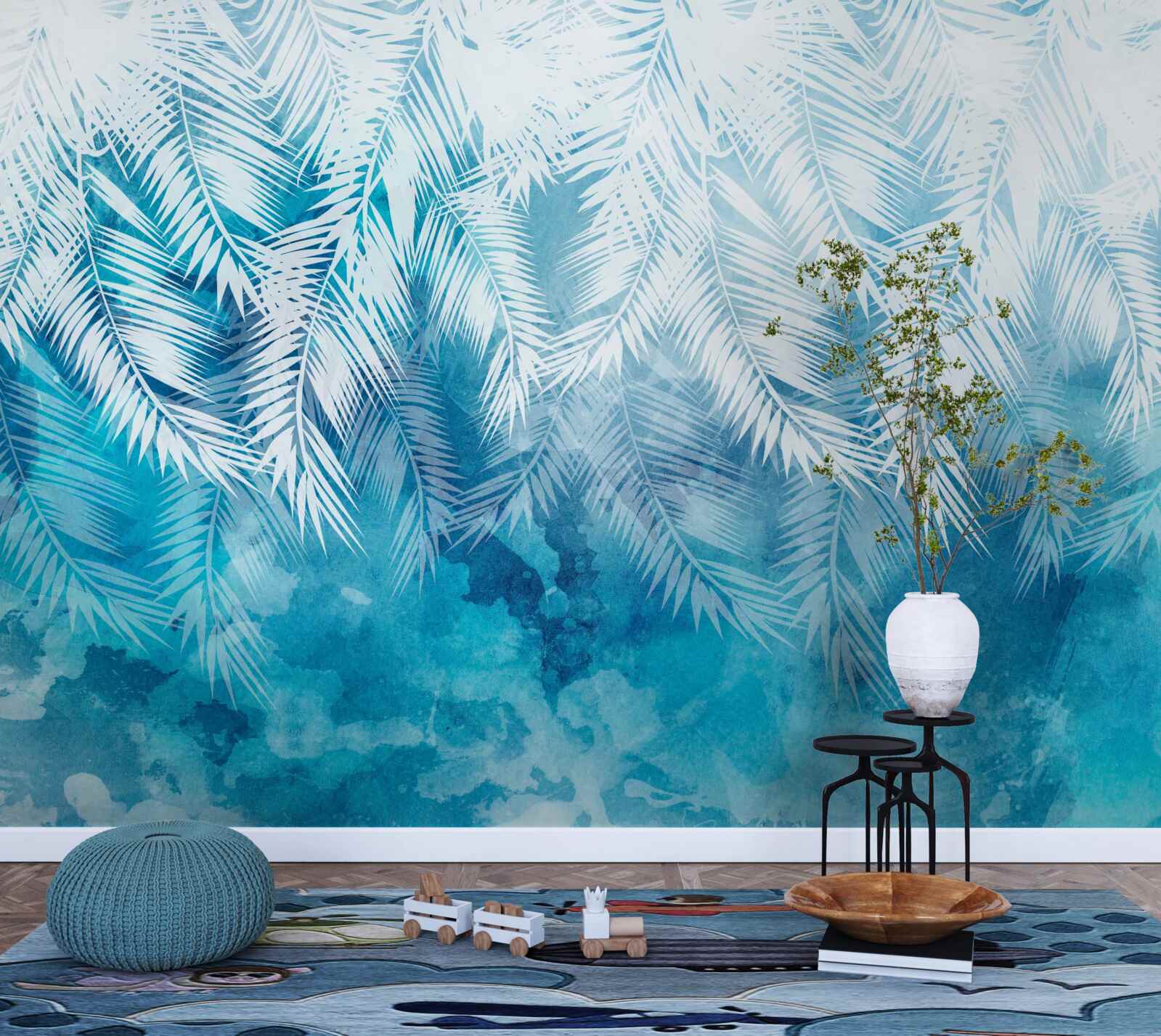 Papier peint feuilles de fougères blanches sur fond d'hiver