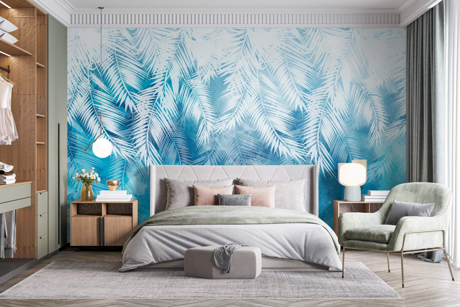 Papier peint feuilles de fougères blanches sur fond d'hiver