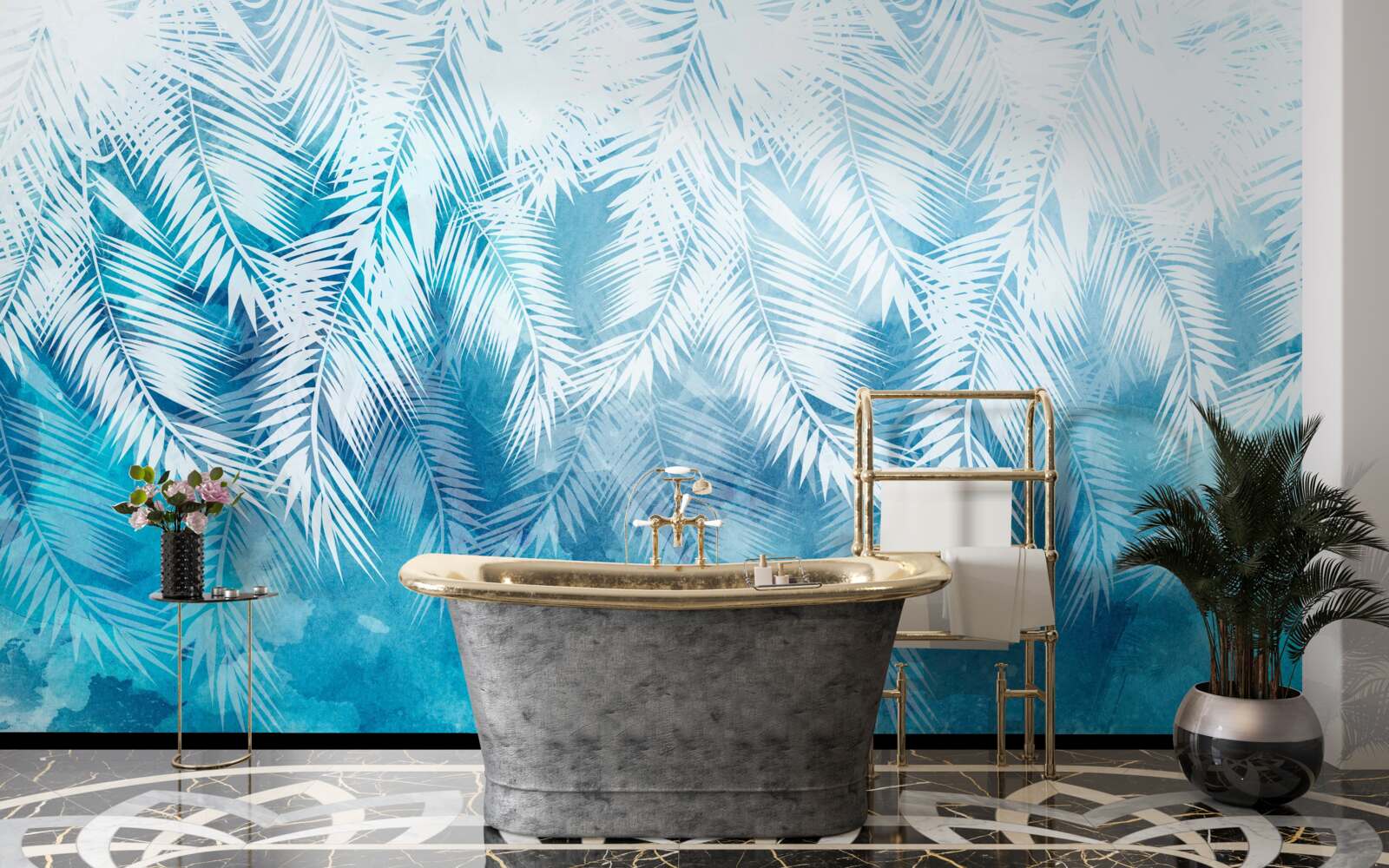 Papier peint feuilles de fougères blanches sur fond d'hiver