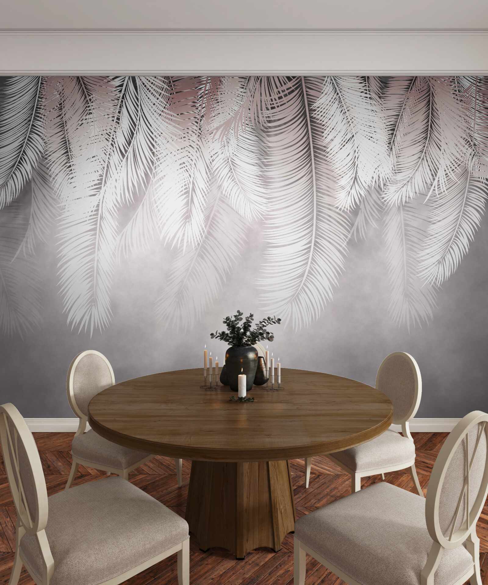 Papier peint feuilles de palmier blanches, duveteuses et lumineuses