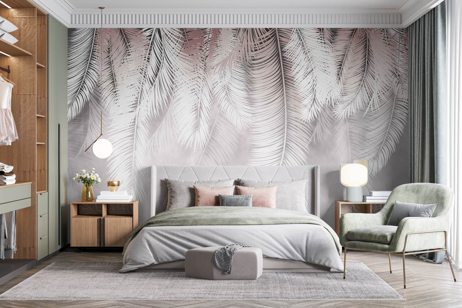 Papier peint feuilles de palmier blanches, duveteuses et lumineuses