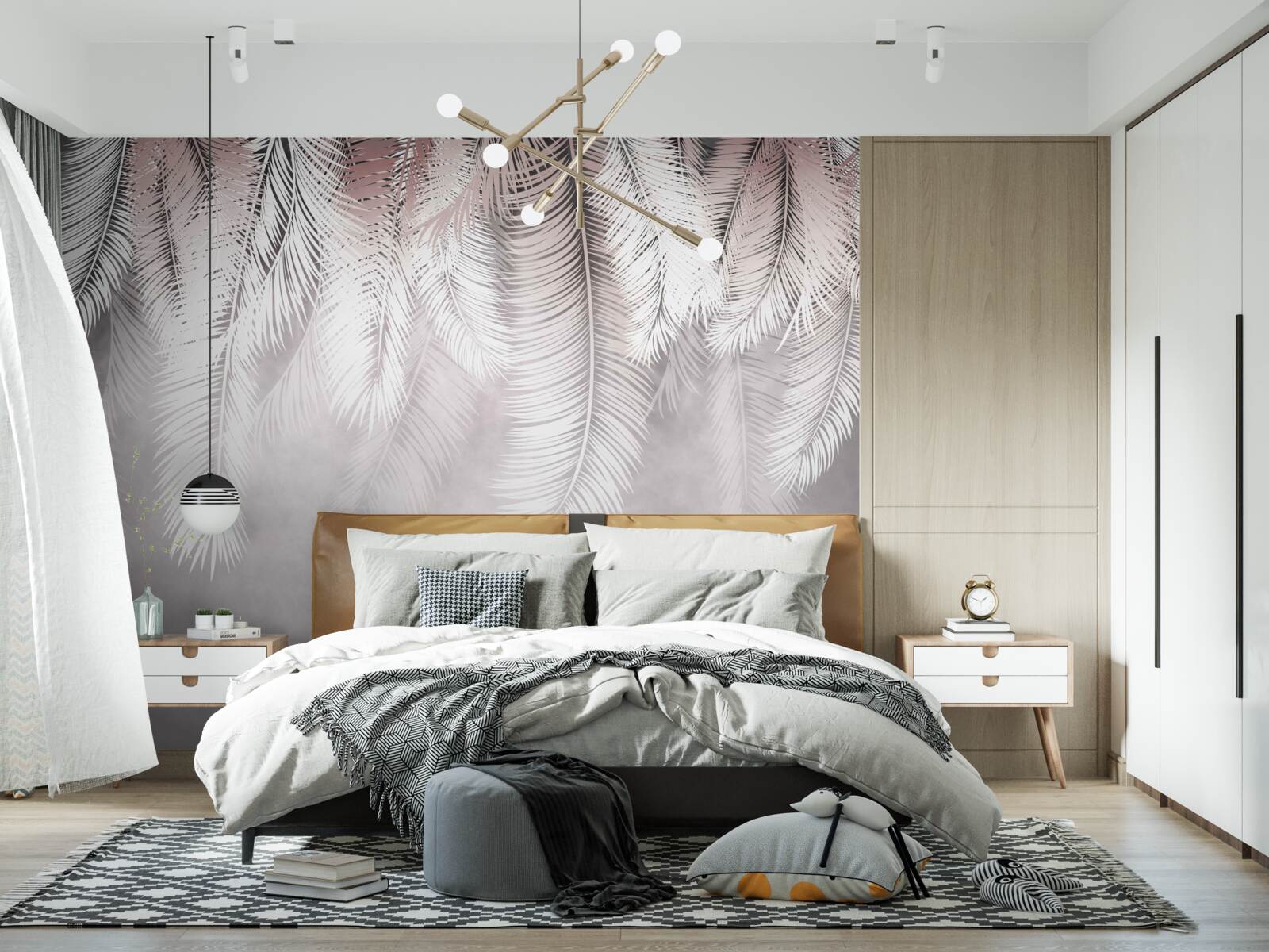 Papier peint feuilles de palmier blanches, duveteuses et lumineuses