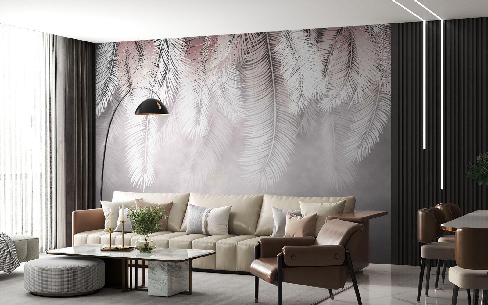 Papier peint feuilles de palmier blanches, duveteuses et lumineuses