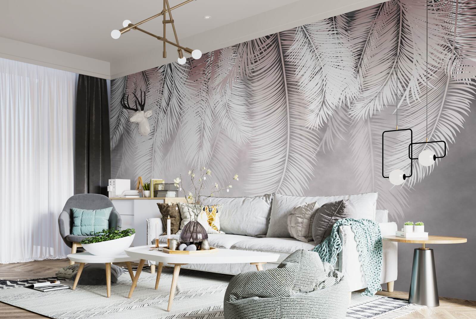 Papier peint feuilles de palmier blanches, duveteuses et lumineuses