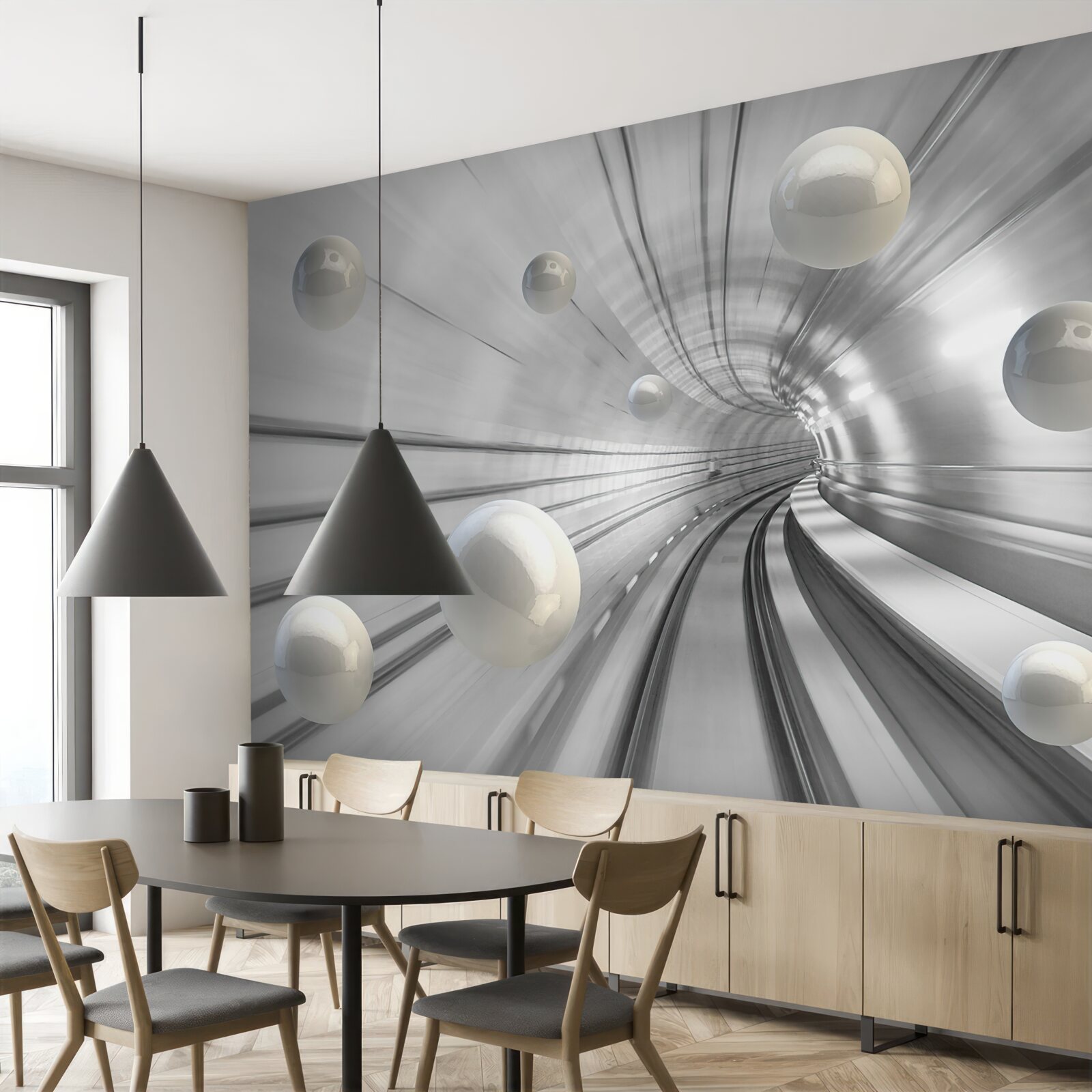 Papier peint passage de boules blanches suspendues dans l'air