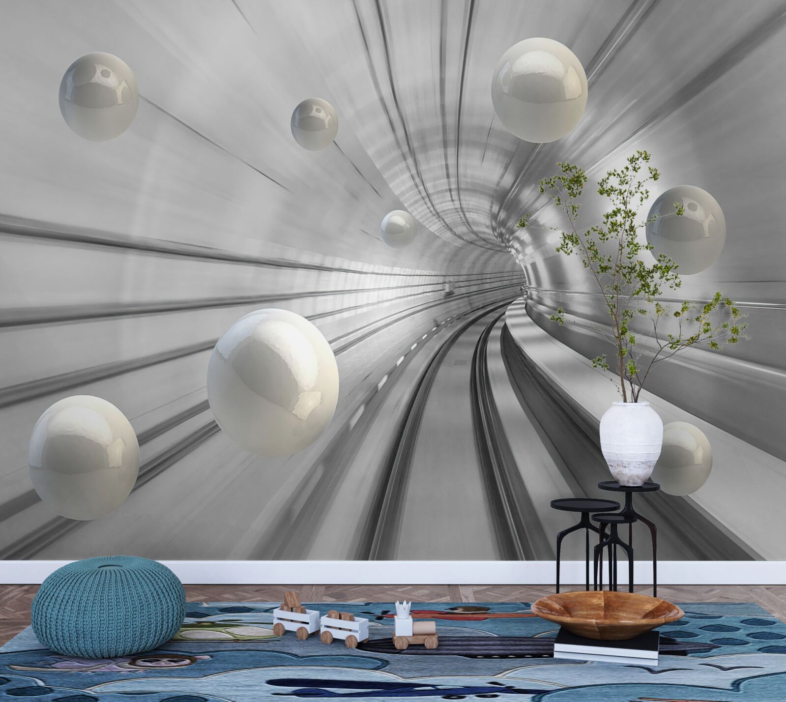 Papier peint passage de boules blanches suspendues dans l'air