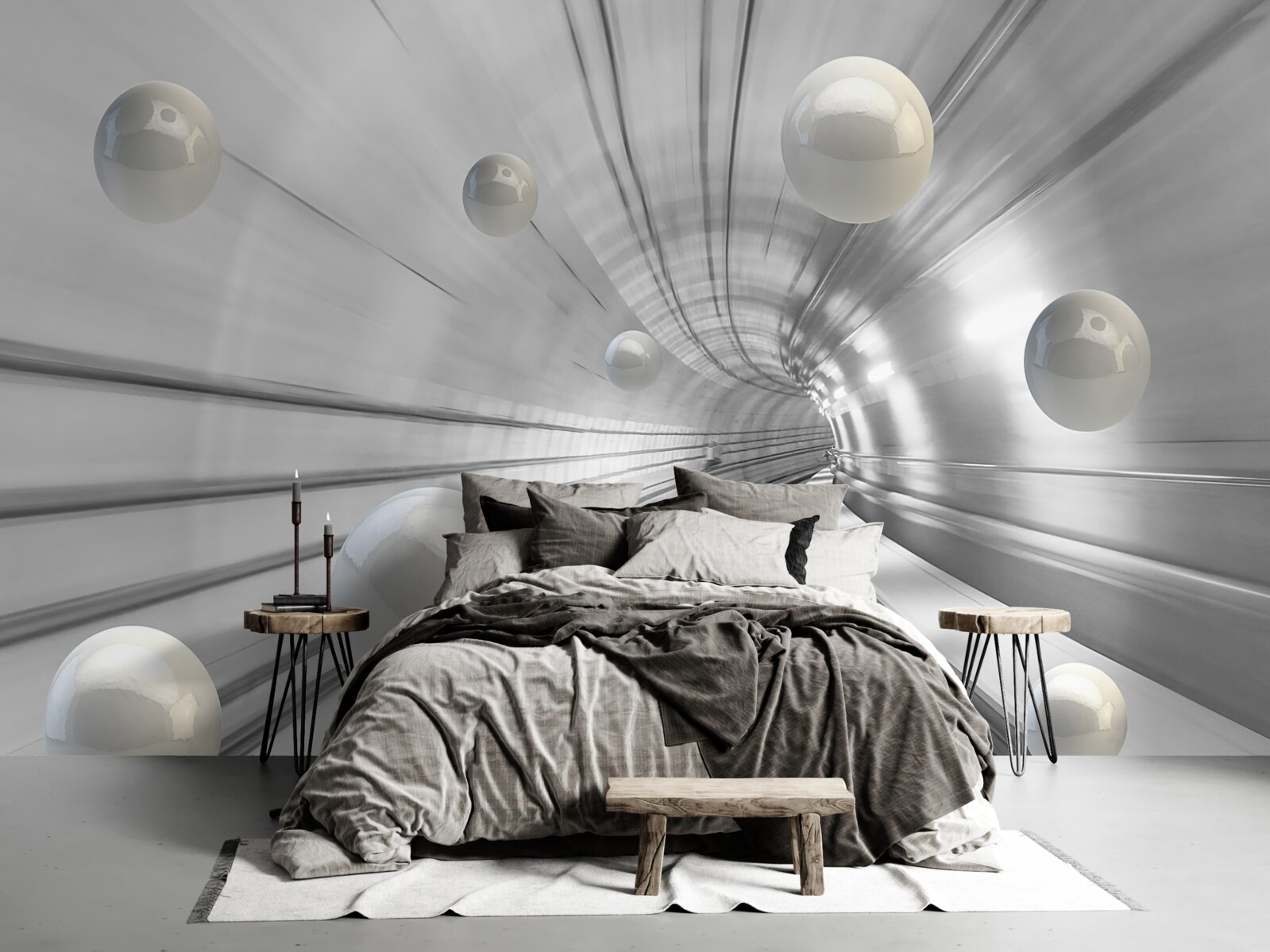 Papier peint passage de boules blanches suspendues dans l'air