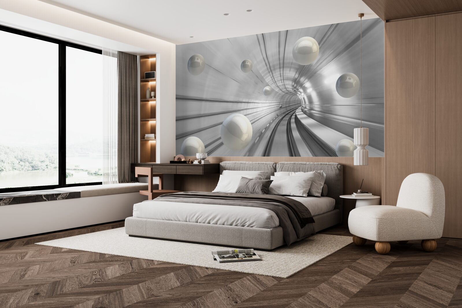 Papier peint passage de boules blanches suspendues dans l'air