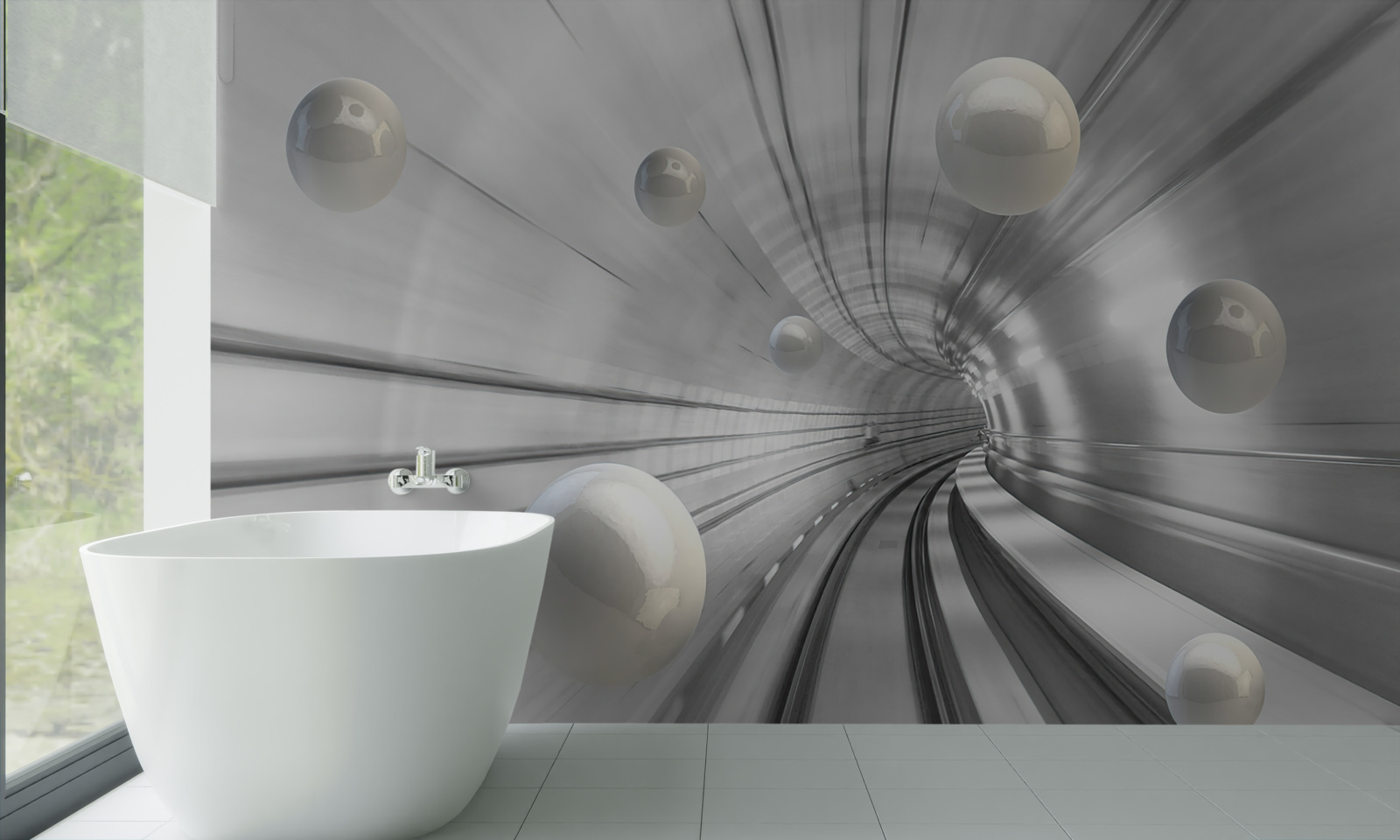 Papier peint passage de boules blanches suspendues dans l'air