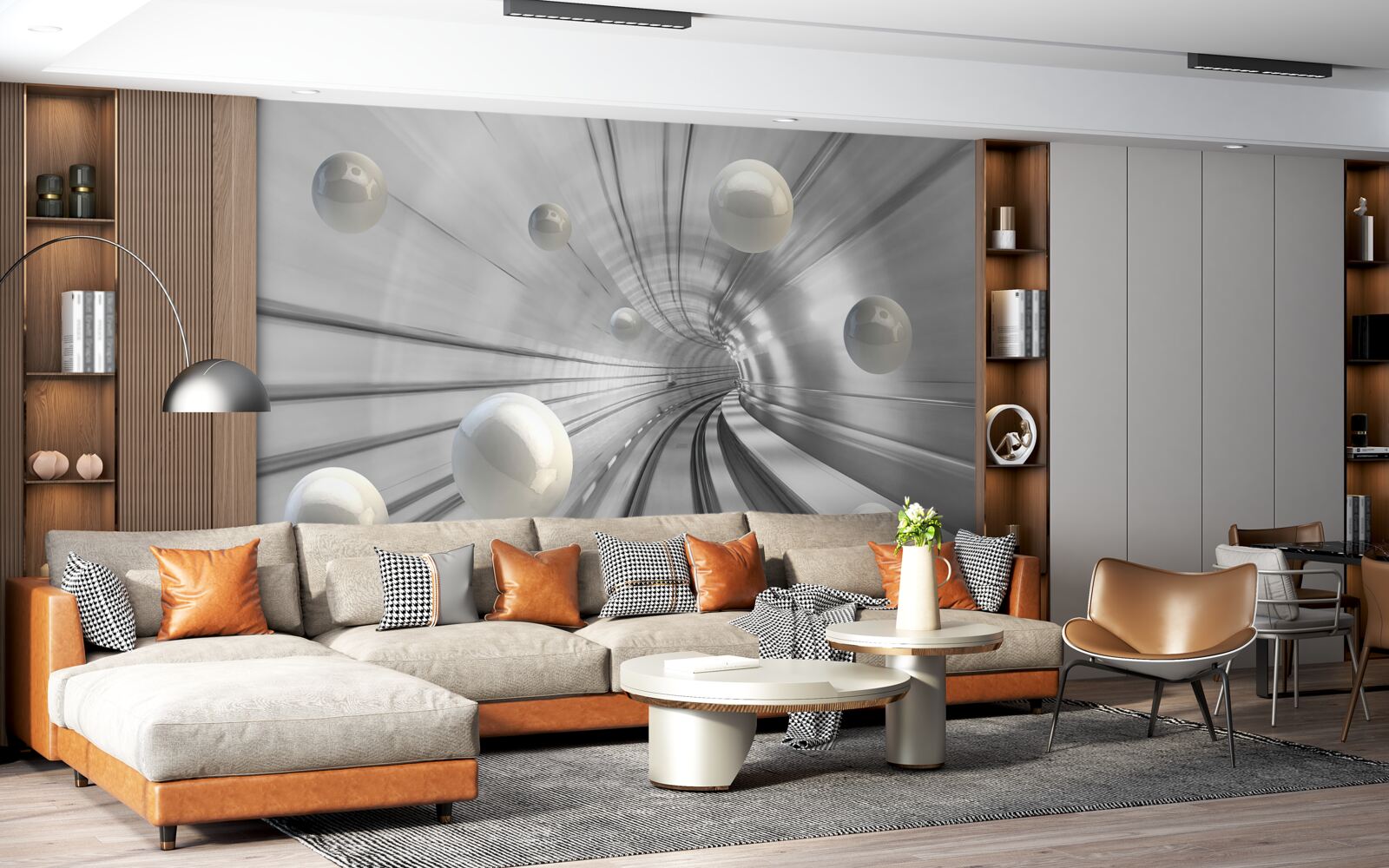 Papier peint passage de boules blanches suspendues dans l'air