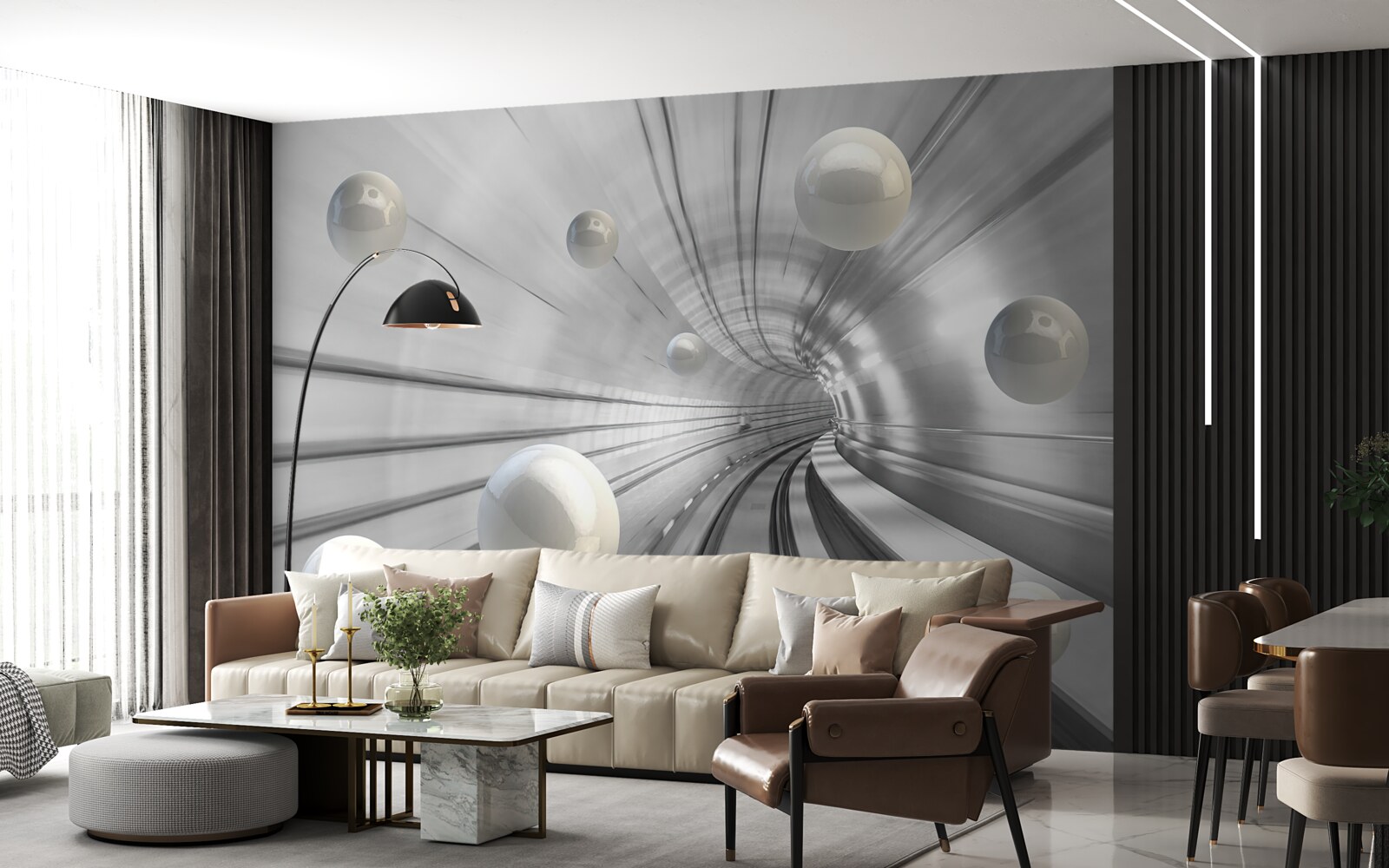 Papier peint passage de boules blanches suspendues dans l'air