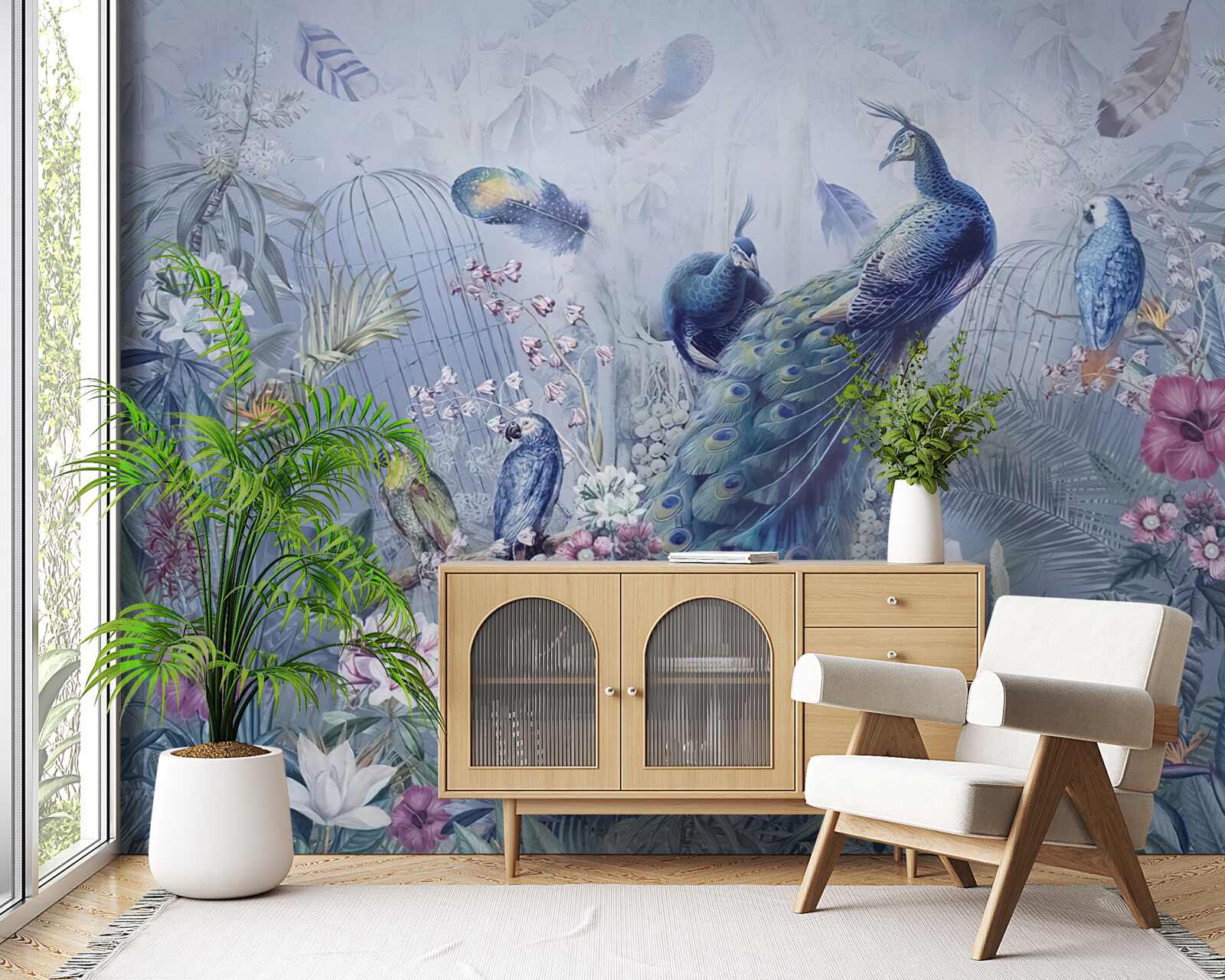 Papier peint perroquets et paons dans une émeute de fleurs dans le jardin