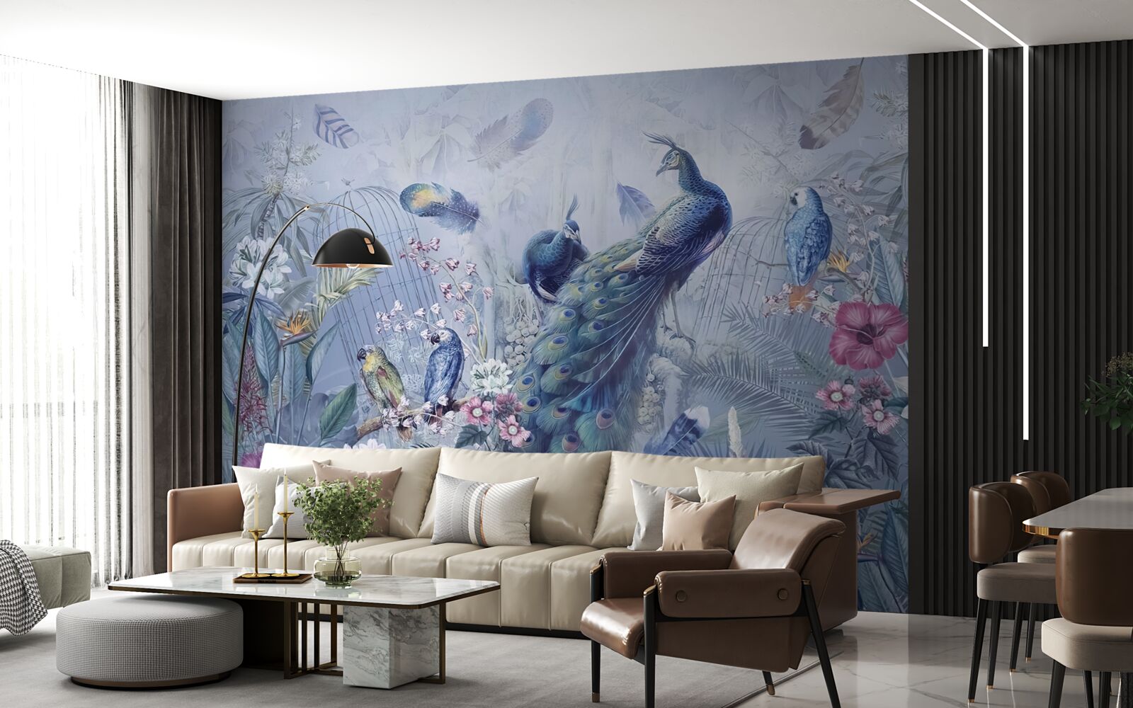 Papier peint perroquets et paons dans une émeute de fleurs dans le jardin