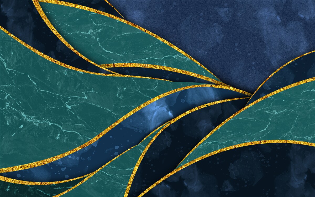 Papier peint lignes émeraude gracieusement incurvées sur fond bleu