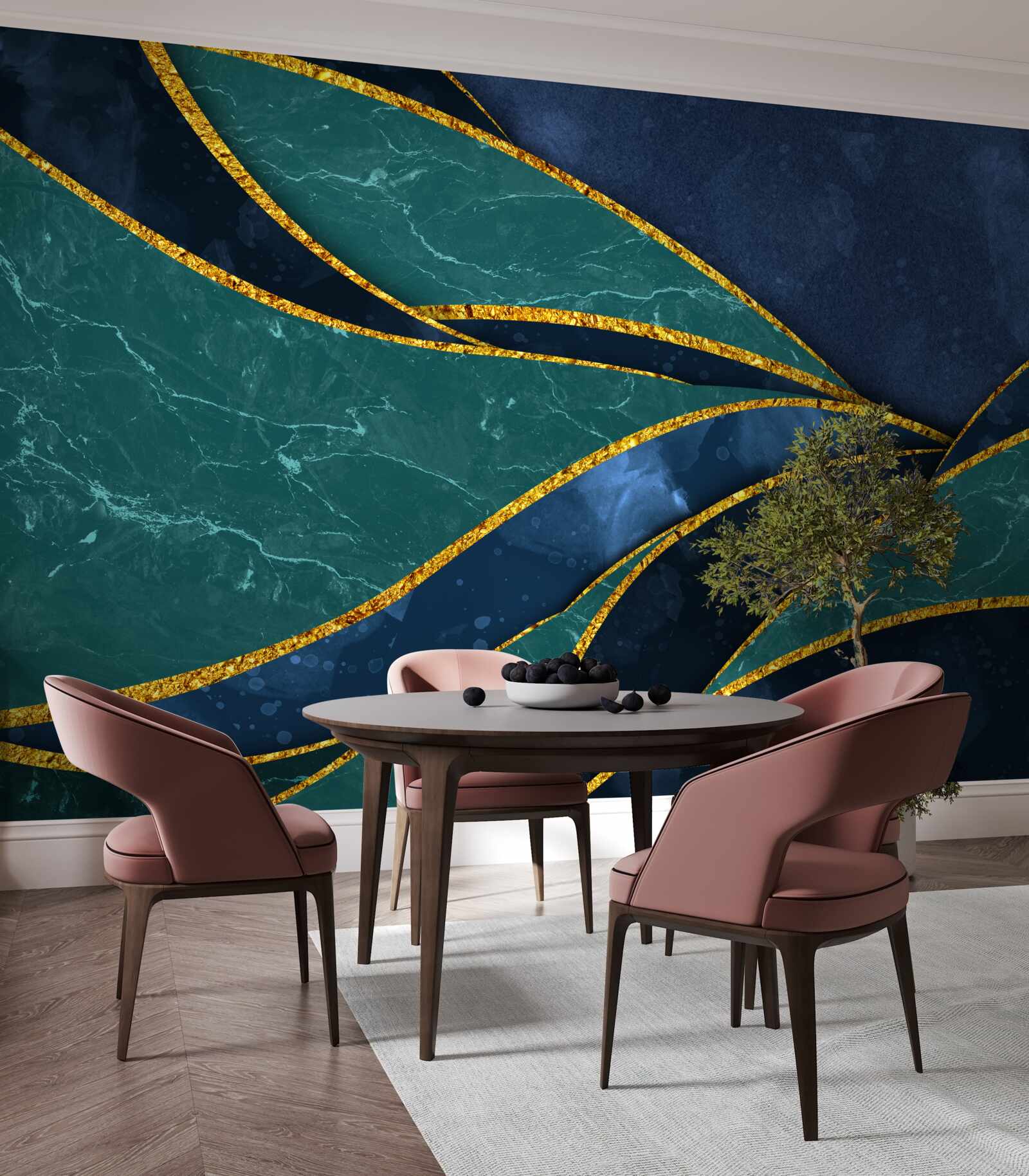 Papier peint lignes émeraude gracieusement incurvées sur fond bleu