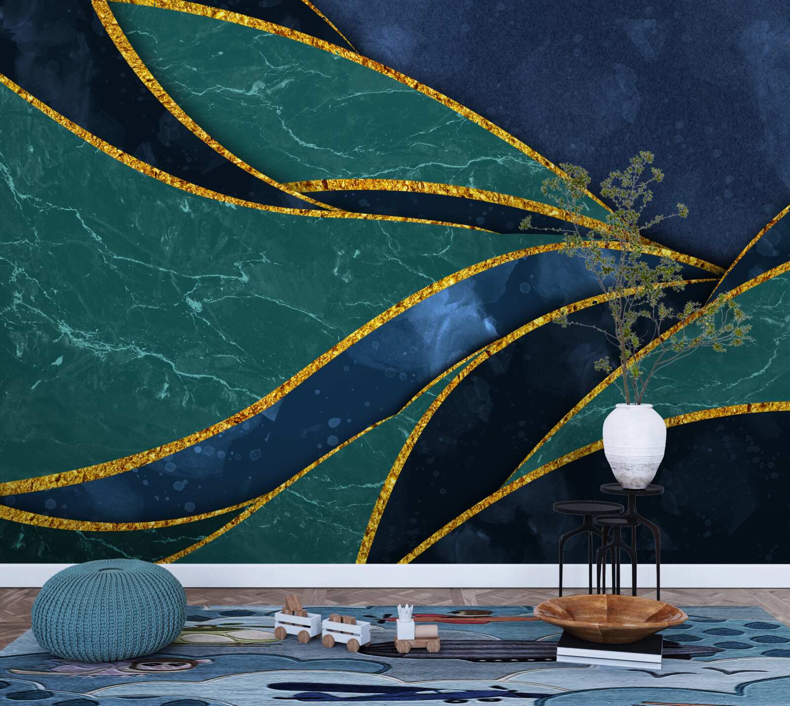 Papier peint lignes émeraude gracieusement incurvées sur fond bleu