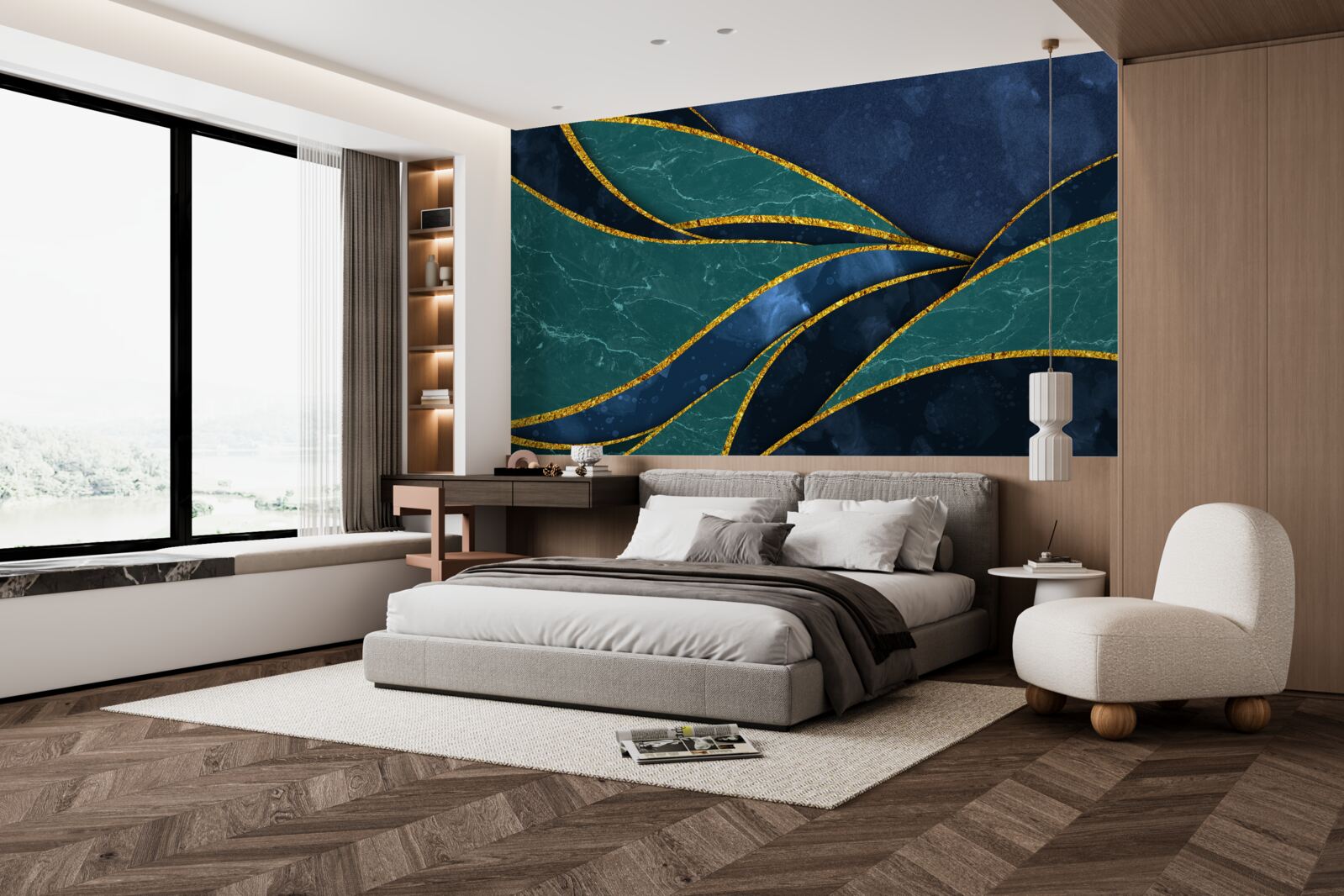 Papier peint lignes émeraude gracieusement incurvées sur fond bleu