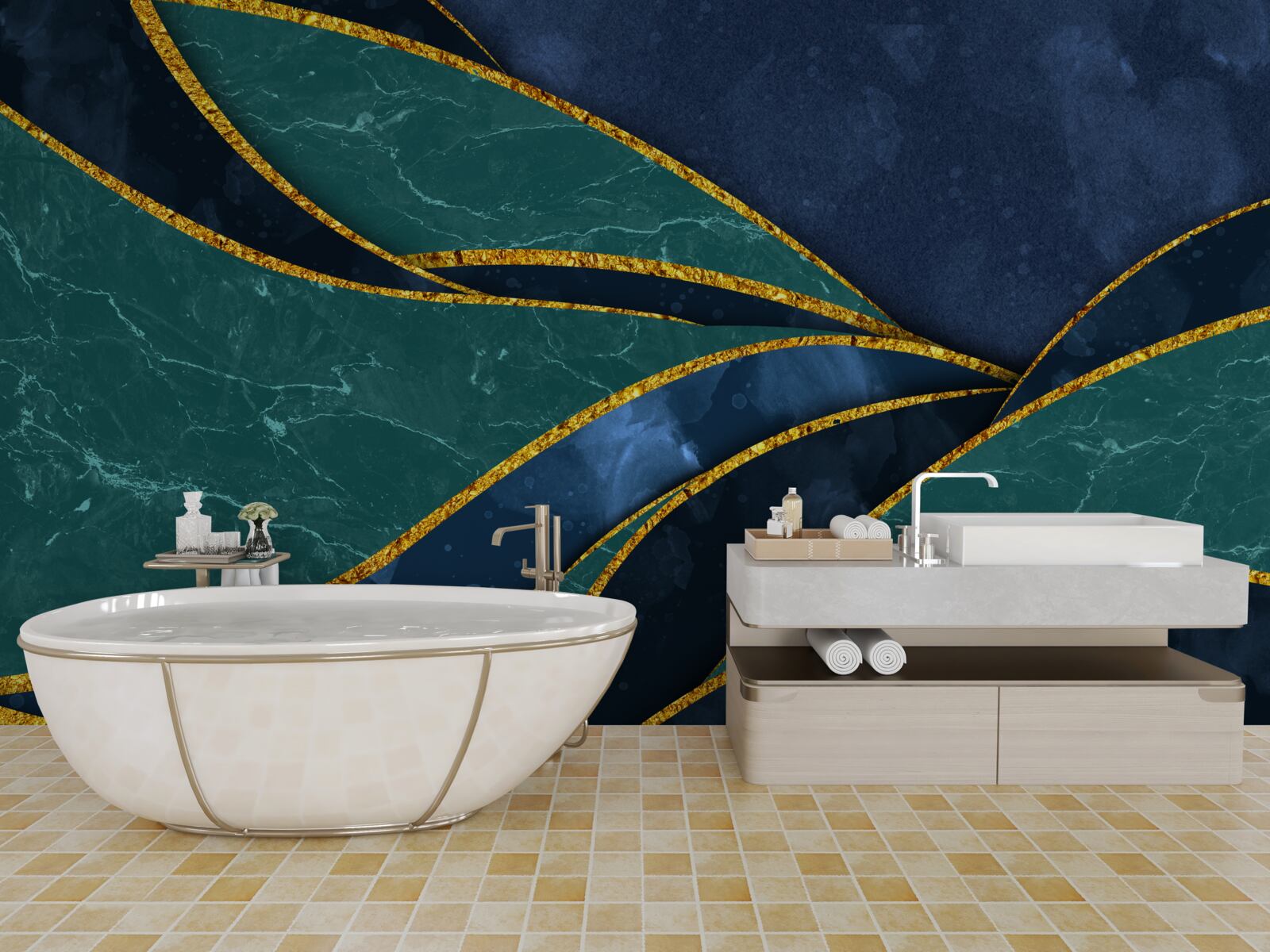 Papier peint lignes émeraude gracieusement incurvées sur fond bleu