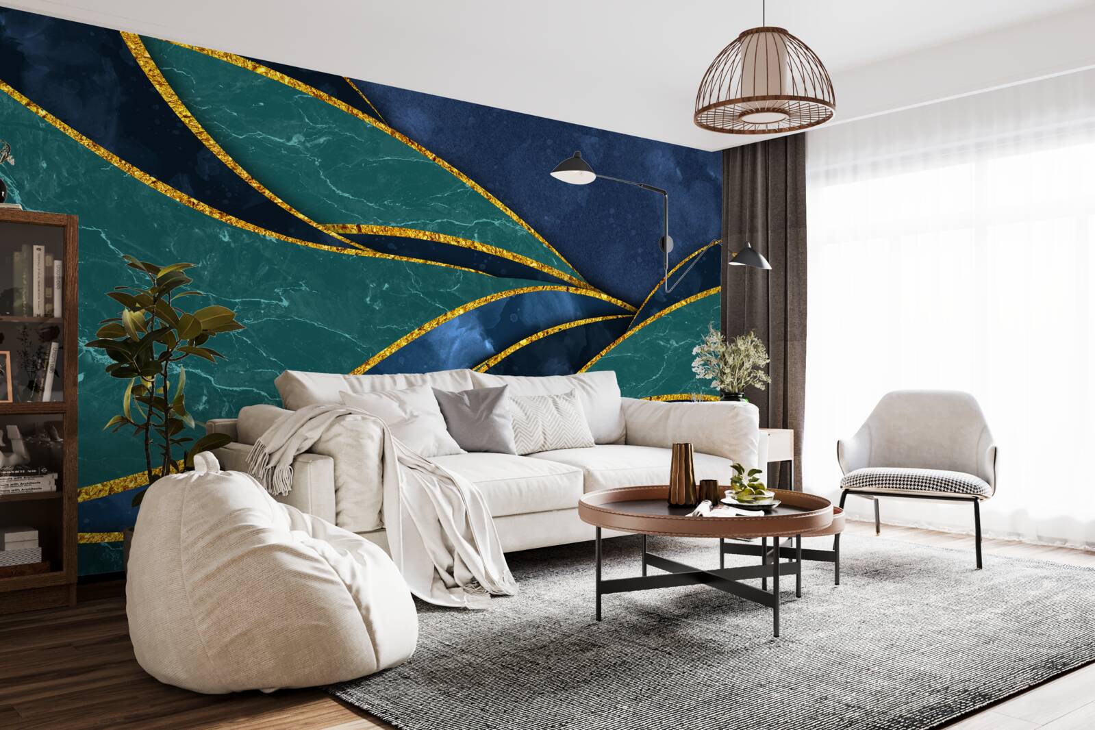 Papier peint lignes émeraude gracieusement incurvées sur fond bleu