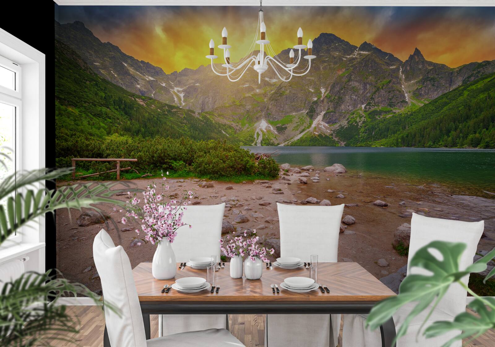 Papier peint soleil couchant derrière un lac dans les montagnes tatra