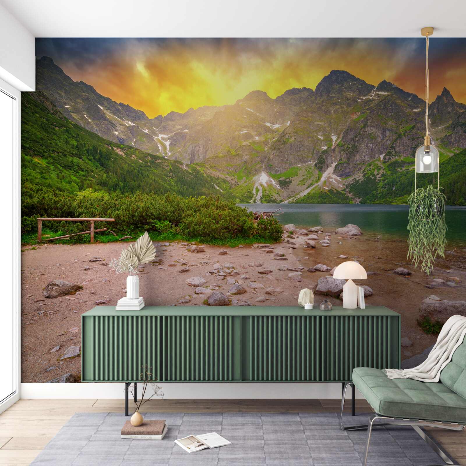 Papier peint soleil couchant derrière un lac dans les montagnes tatra