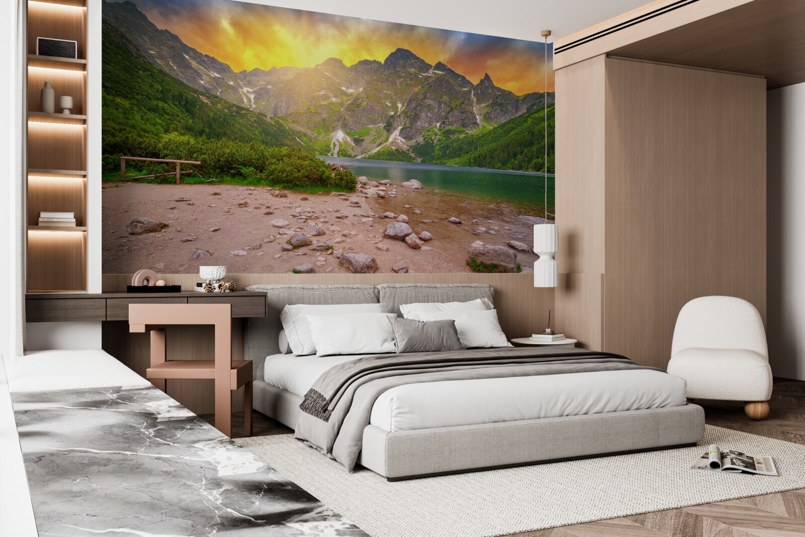 Papier peint soleil couchant derrière un lac dans les montagnes tatra