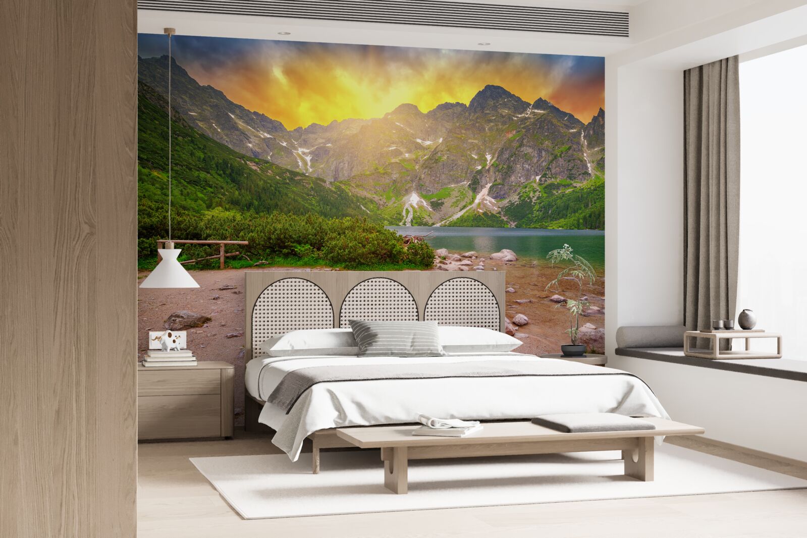 Papier peint soleil couchant derrière un lac dans les montagnes tatra