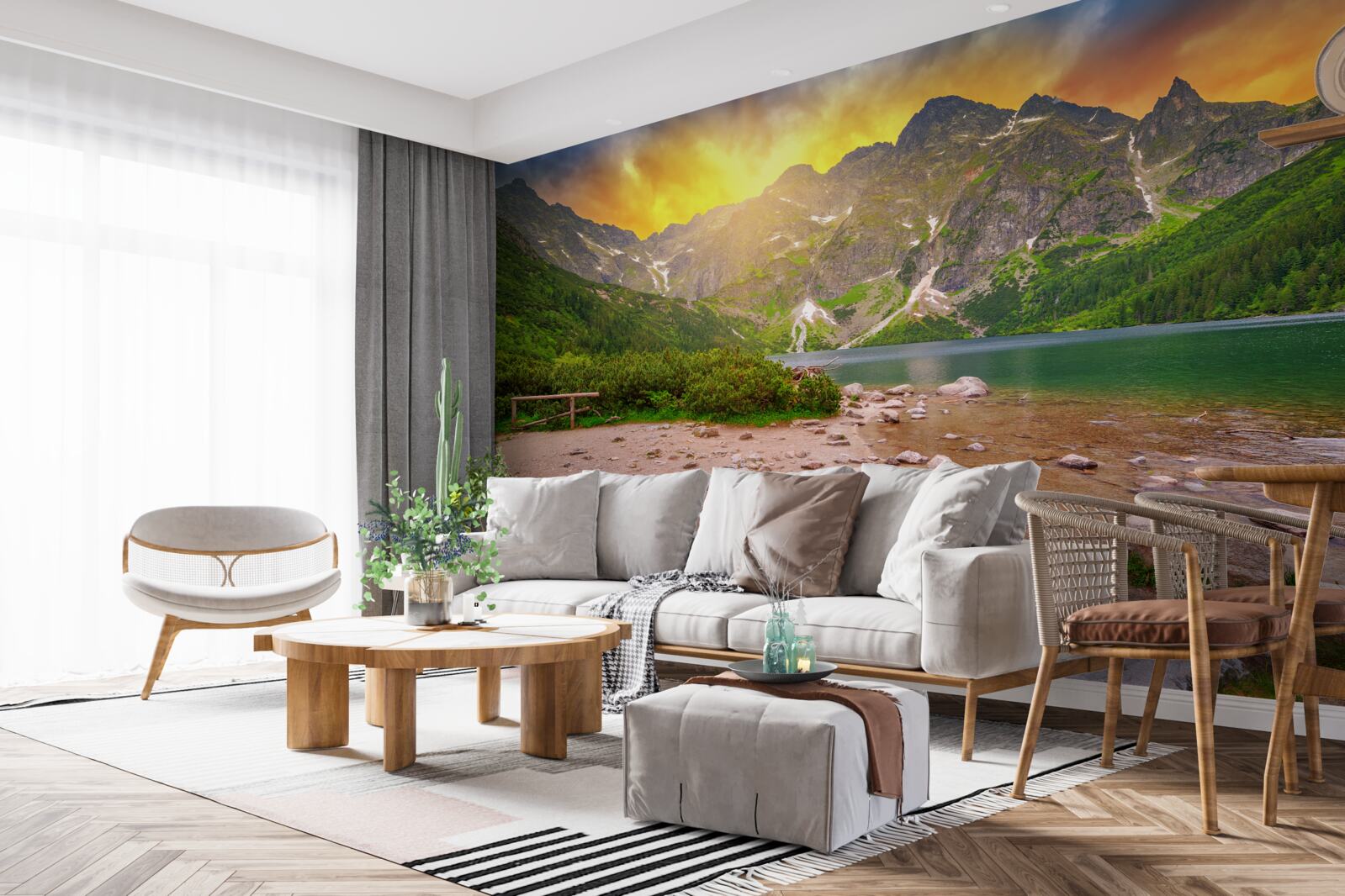 Papier peint soleil couchant derrière un lac dans les montagnes tatra