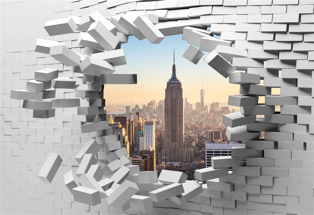 Papier peint regardant à travers le mur délabré de l'empire state building