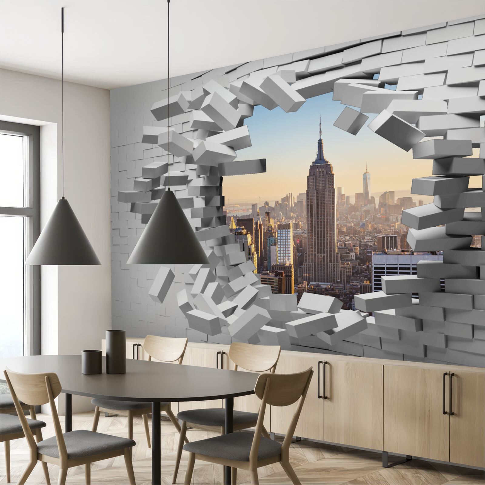 Papier peint regardant à travers le mur délabré de l'empire state building