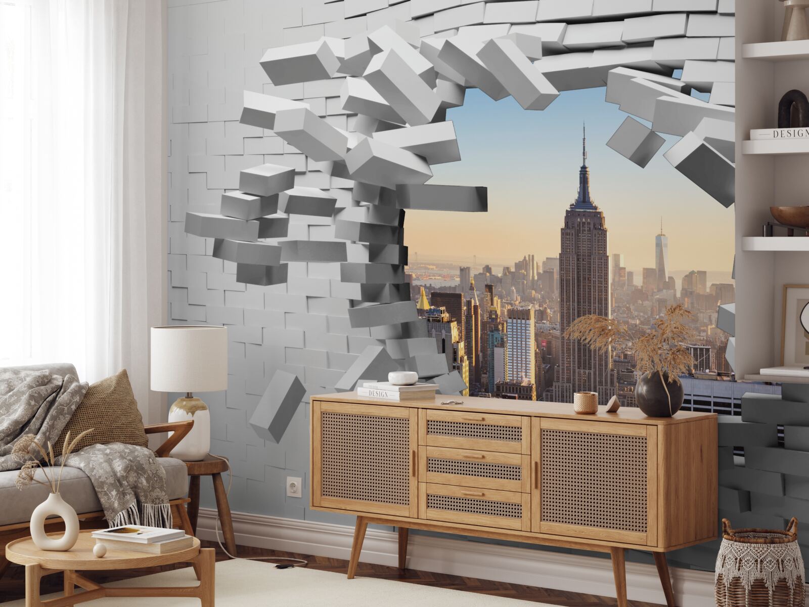 Papier peint regardant à travers le mur délabré de l'empire state building