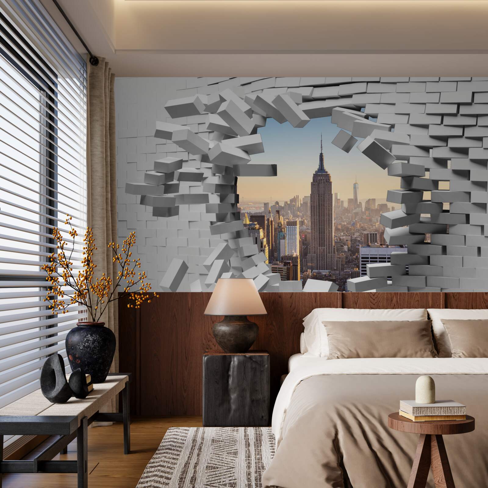 Papier peint regardant à travers le mur délabré de l'empire state building