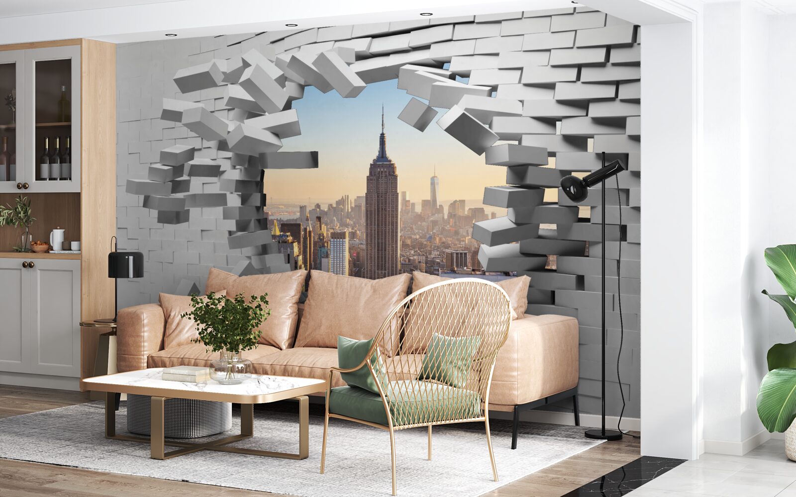 Papier peint regardant à travers le mur délabré de l'empire state building