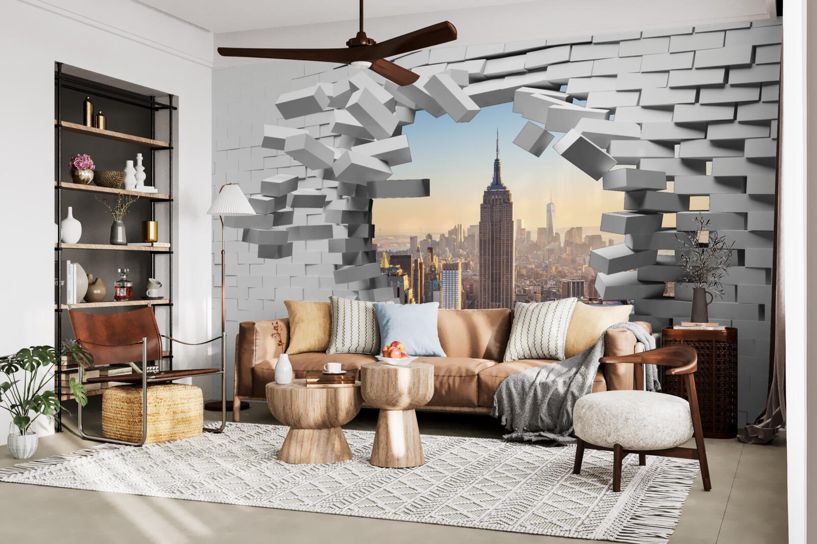 Papier peint regardant à travers le mur délabré de l'empire state building