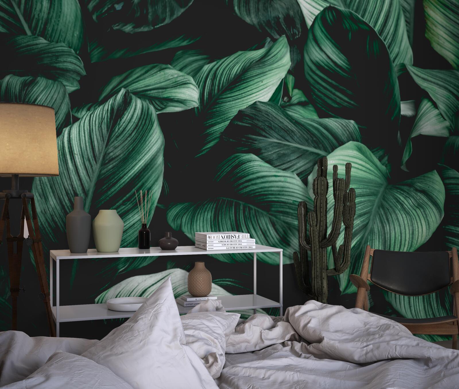 Papier peint feuilles tropicales vertes foncées