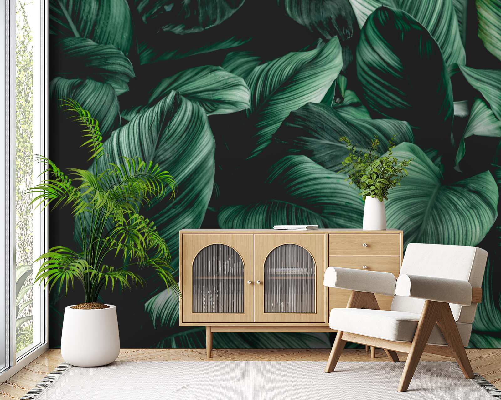 Papier peint feuilles tropicales vertes foncées