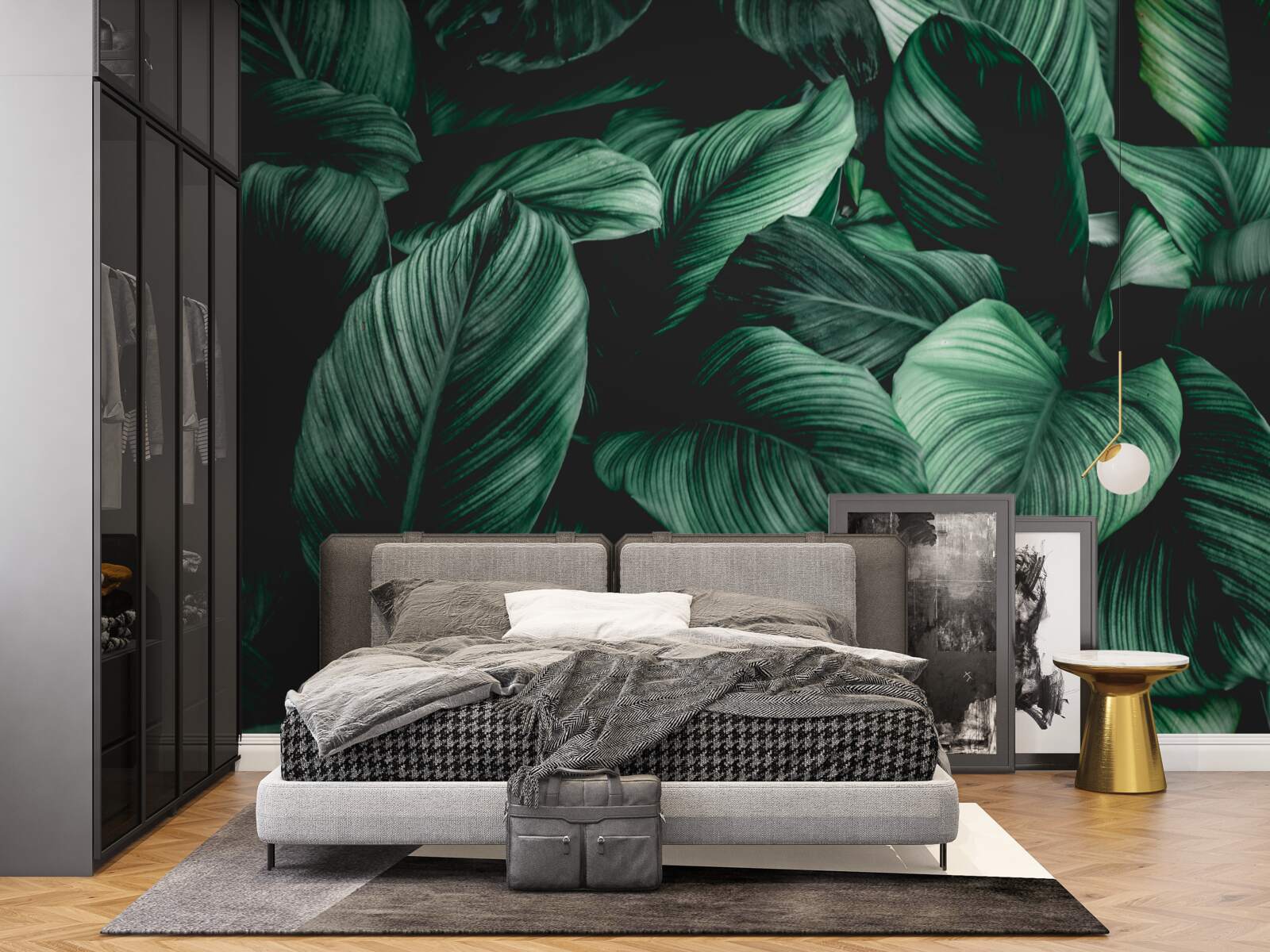 Papier peint feuilles tropicales vertes foncées