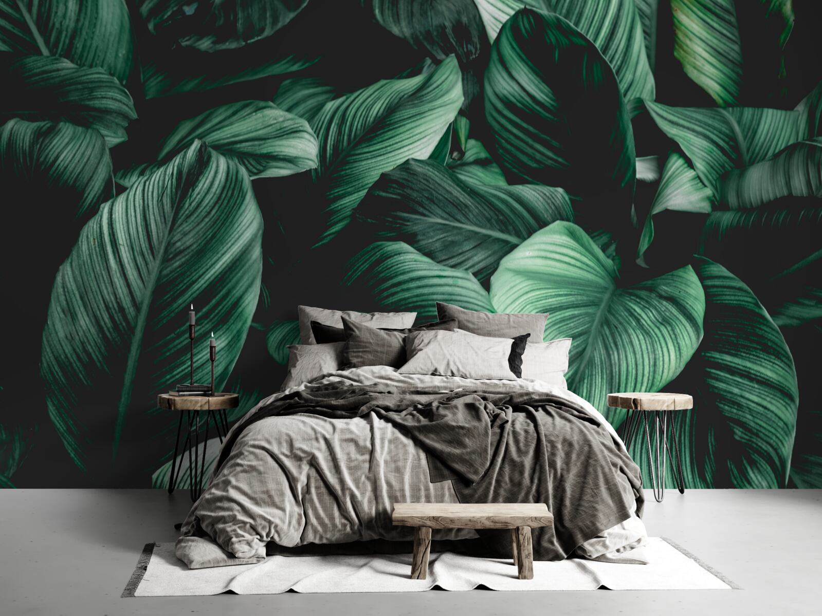 Papier peint feuilles tropicales vertes foncées