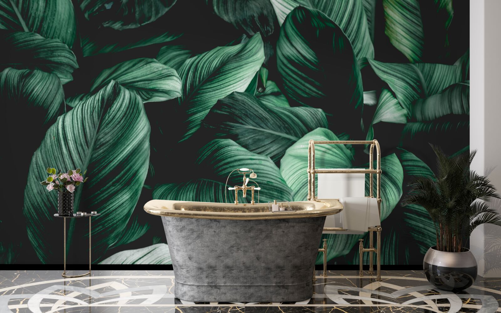 Papier peint feuilles tropicales vertes foncées