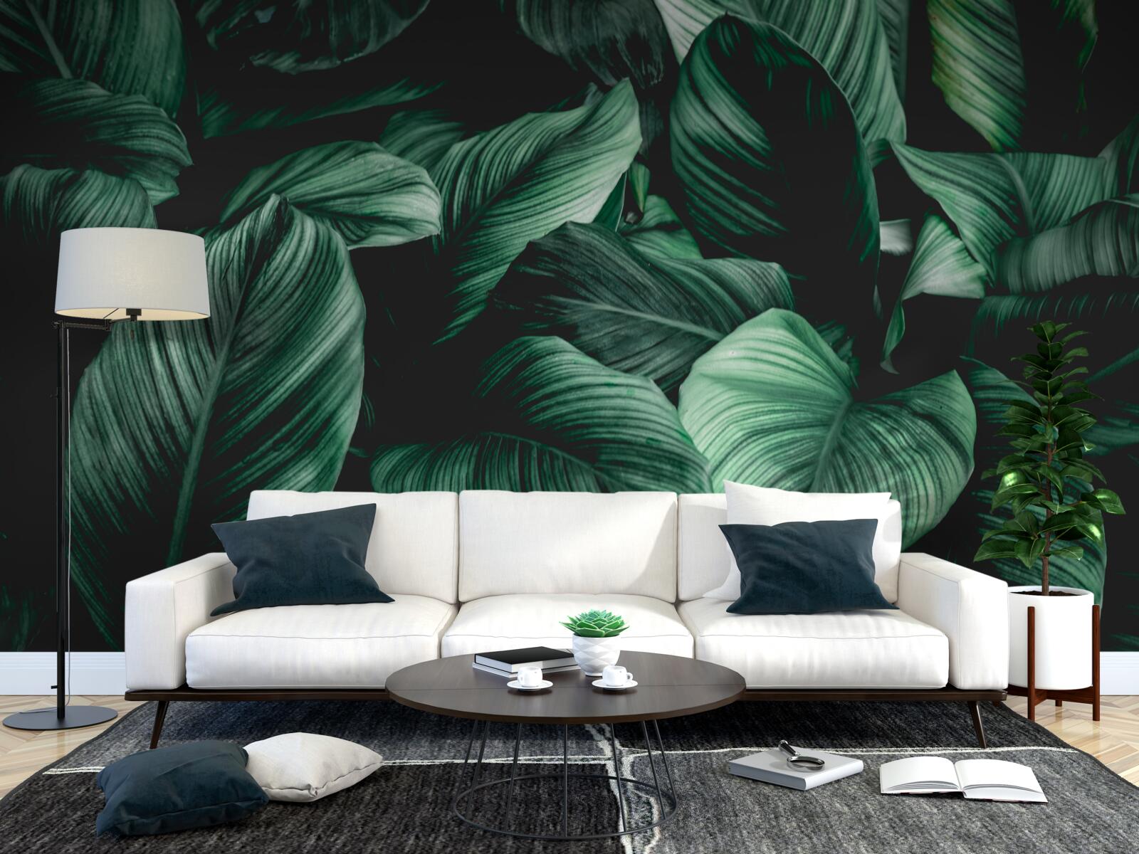 Papier peint feuilles tropicales vertes foncées